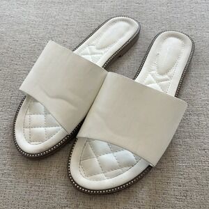 ShoeLAND Womens White Quilted Slide Sandals Gold Stud Trim Flat Shoes Size 11